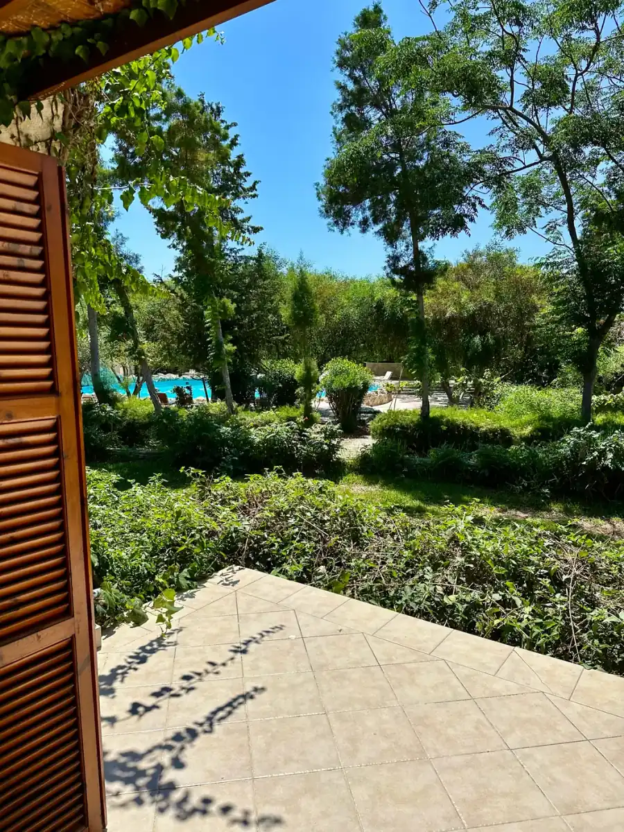 Poolside Bungalow garden patio view